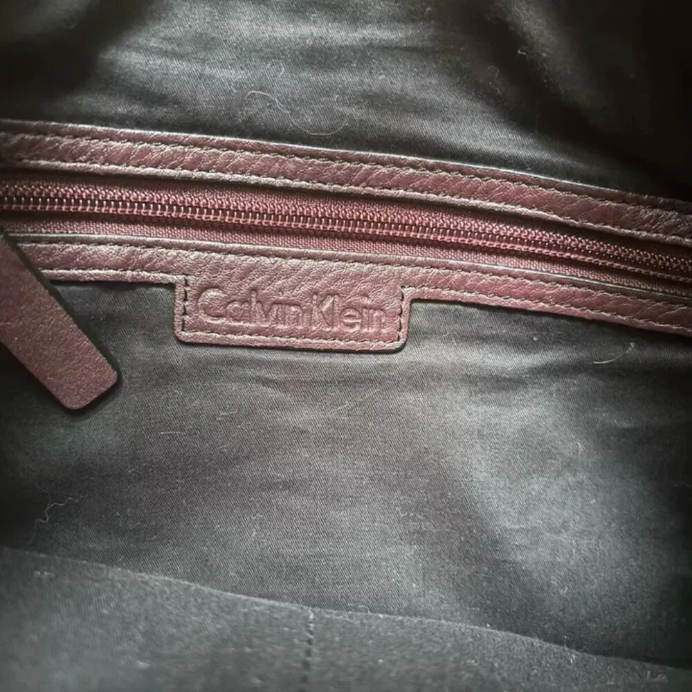 Calvin Klein Handbag Leather Satchel Burgundy Wine Shoulder Bag Tote Purse Fully